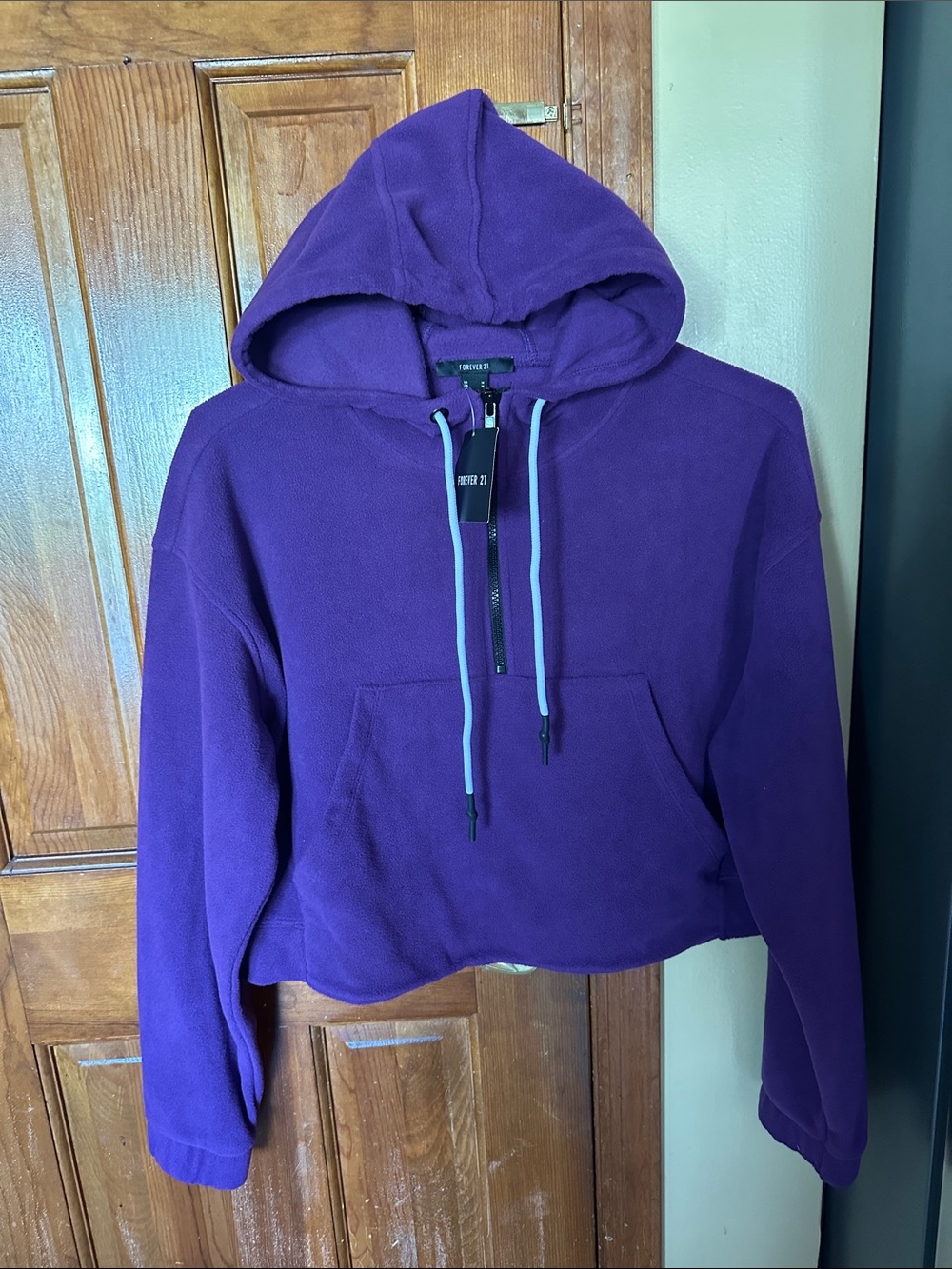 Forever 21 Purple Hooded Half-Zip Pullover with Light Blue Drawstrings